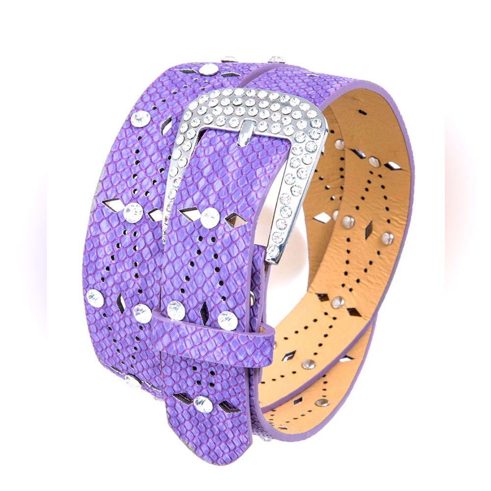 Purple Rhinestone Snakeskin Genuine Leather Statement Belt